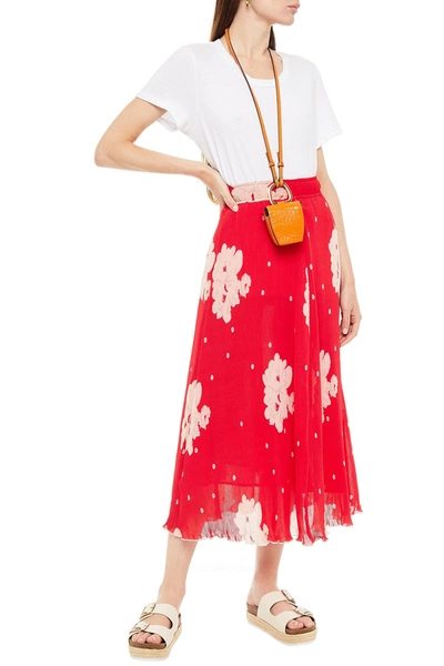 Shop Ganni Floral-print Plissé-georgette Midi Skirt In Tomato Red