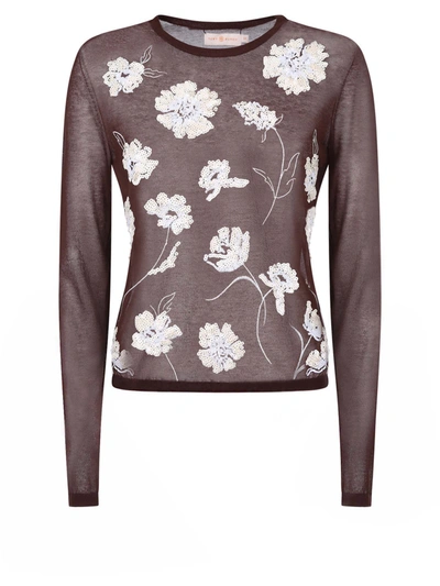 Shop Tory Burch Floral Embroidered Knit Top In Brown