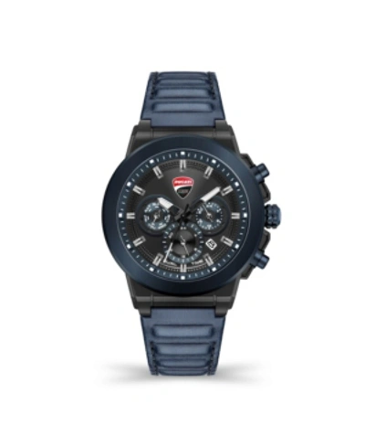 Shop Ducati Corse Men's Campione Multifunction Blue Genuine Leather Strap Watch 45mm