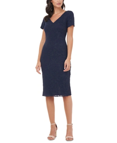 Shop Js Collections V-neck Lace Sheath Dress In Navy