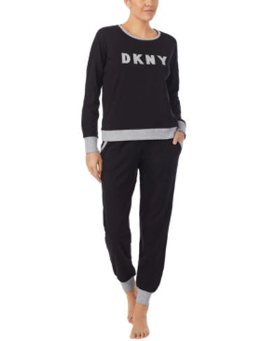 Shop Dkny Embroidered Logo Top & Jogger Pants Pajamas Set In Black