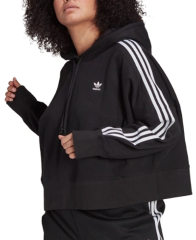 Shop Adidas Originals Plus Size Cotton 3-stripes Cropped Hoodie In Black