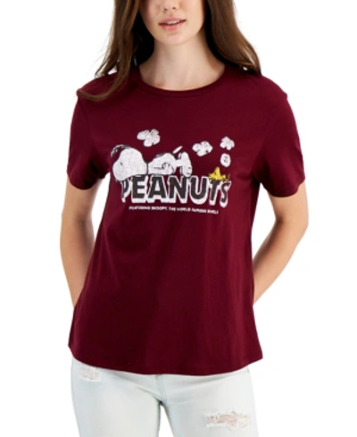 Shop Peanuts Juniors' Snoopy Logo T-shirt In Zinfandel