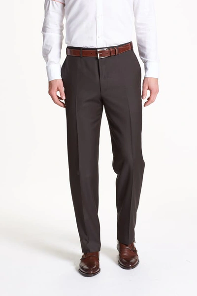 Shop Canali Flat Front Solid Wool Trousers In Dark Brown