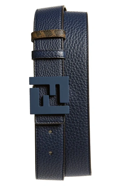 Shop Fendi Ff Logo Reversible Leather & Coated Canvas Belt In Night Blue Tobacco/ Black