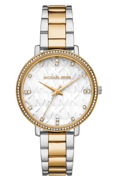 Shop Michael Michael Kors Pyper Mk Logo Dial Two-tone Bracelet Watch, 38mm In Two Tone