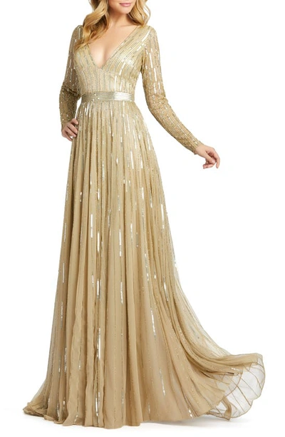 Shop Mac Duggal Long Sleeve Sequin & Bead Stripe Gown In Taupe