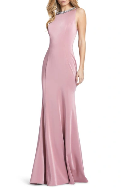 Shop Ieena For Mac Duggal Crystal Neck Trumpet Gown In Rose Pink