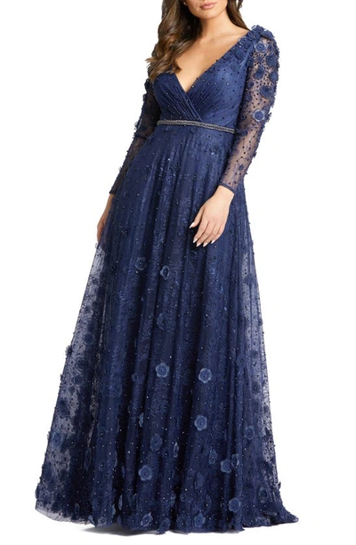 Shop Mac Duggal Floral Applique Long Sleeve Lace Gown In Midnight