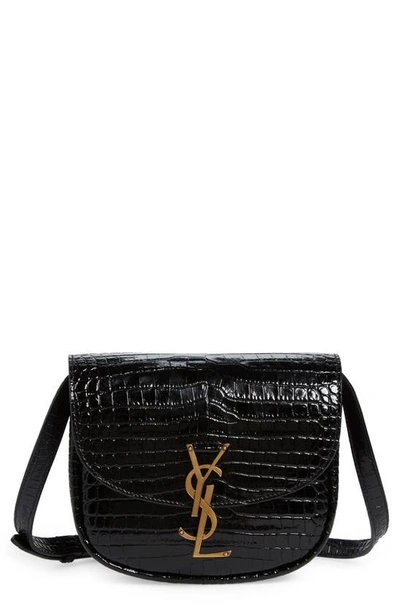 Shop Saint Laurent Kaia Croc Embossed Leather Crossbody Bag In Nero