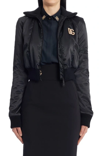 Dolce & Gabbana Crystal Logo Crop Bomber Jacket In Black | ModeSens