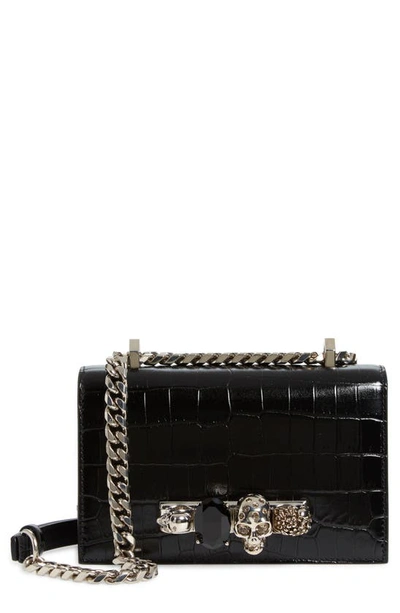 Shop Alexander Mcqueen Mini Jeweled Croc Embossed Leather Crossbody Bag In Black