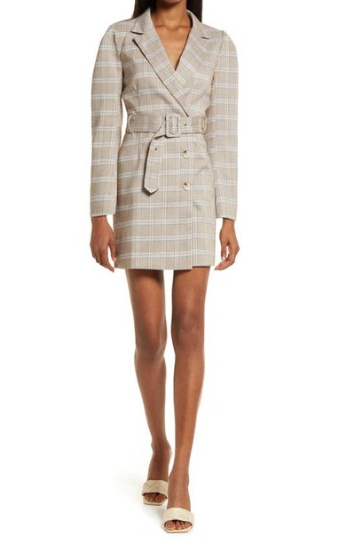 Shop Adelyn Rae Don Windowpane Long Sleeve Belted Blazer Minidress In Brown