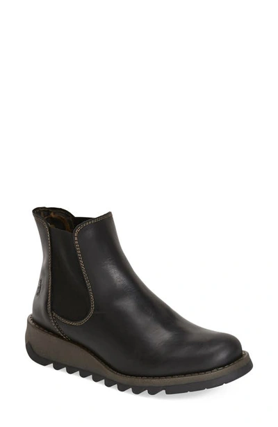 Fly London Huud Black Leather Low Wedge Chelsea Boots In Black Rug Leather