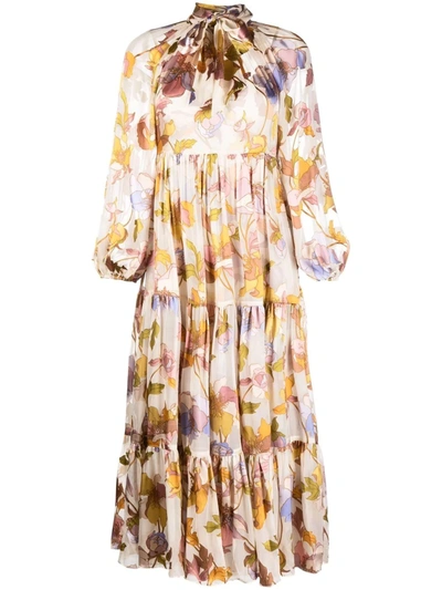 Shop Zimmermann Floral-print Pleated Maxi Dress In Nude