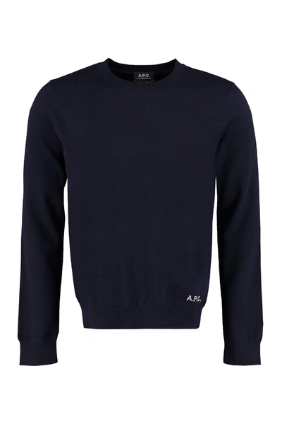 Shop Apc A.p.c. Logo Embroidered Crewneck Knitted Jumper In Blue