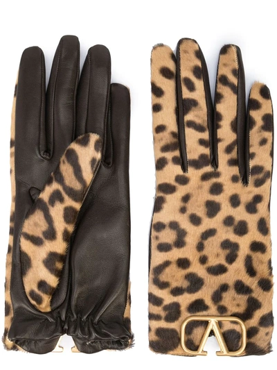 Shop Valentino Vlogo Signature Leopard-print Gloves In Schwarz