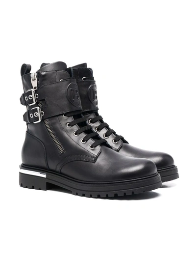 Shop Balmain Teen Double Buckle Combat Boots In 黑色