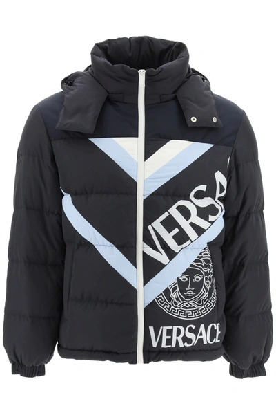 Shop Versace Multilogo Down Jacket In Blue,light Blue,white