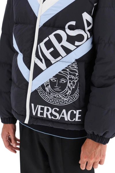 Shop Versace Multilogo Down Jacket In Blue,light Blue,white