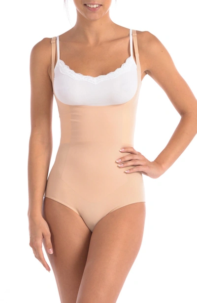 Shop Body Beautiful Wear Your Own Bra Bodysuit Shaper With Targeted Double Front Panel In Nude