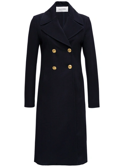 Shop Valentino Double-breasted Blue Wool Long Coat