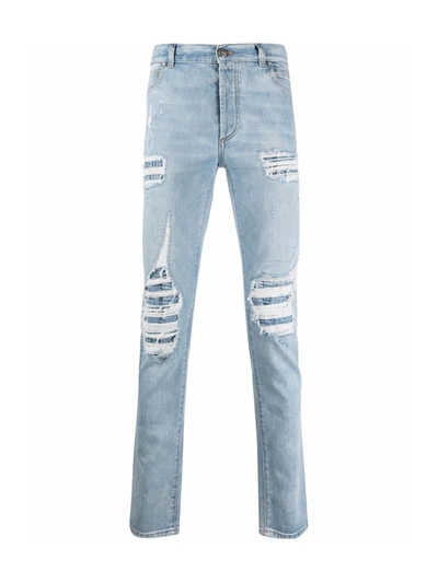 Shop Balmain Distressed Straight-leg Jeans In Blue