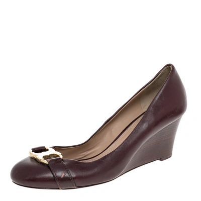 Pre-owned Tory Burch Burgundy Leather Wedge Pumps Size 41