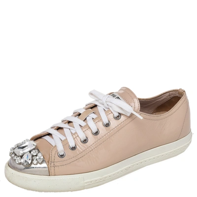 Pre-owned Miu Miu Beige Patent Leather Crystal Embellished Cap Toe Trainers Size 38.5