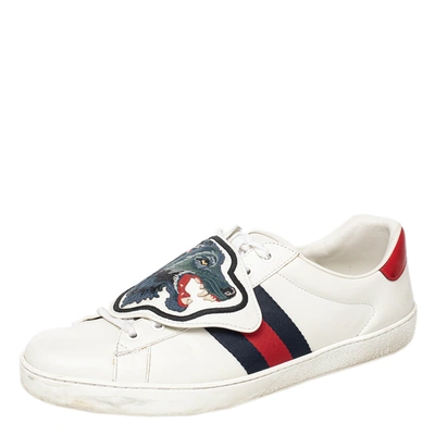 Pre-owned Gucci White Leather Ace Removable Patch Low Top Sneakers Size 45