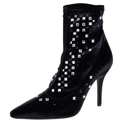 Pre-owned Giuseppe Zanotti Black Velvet Crystal Embellished Ankle Boots Size 39