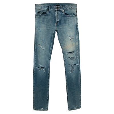 Pre-owned Saint Laurent Blue Washed Out Denim Distressed Jeans S