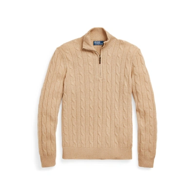 Shop Ralph Lauren Cable-knit Cashmere Quarter-zip Sweater In Camel Melange