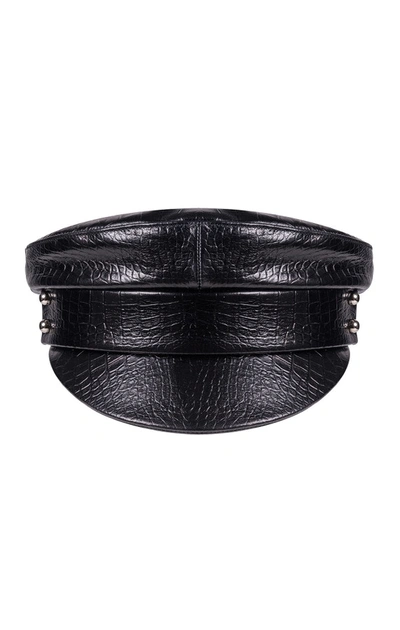 Shop Manokhi Croc Leather Officer 's Cap 2 In Black Suede