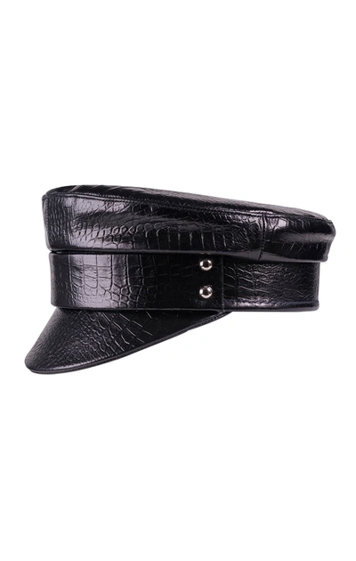 Shop Manokhi Croc Leather Officer 's Cap 2 In Black Suede