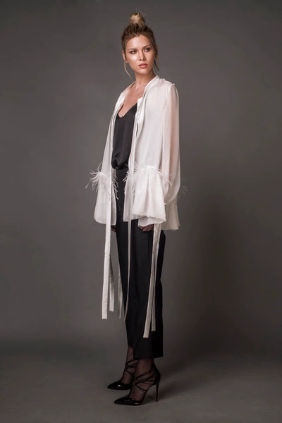 Shop Aureliana Silk Blouse With Ostrich Feathers In White