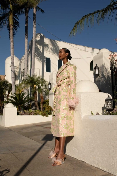 Shop Andreeva Pink Jacquard Coat №19 With Detachable Feather Cuffs