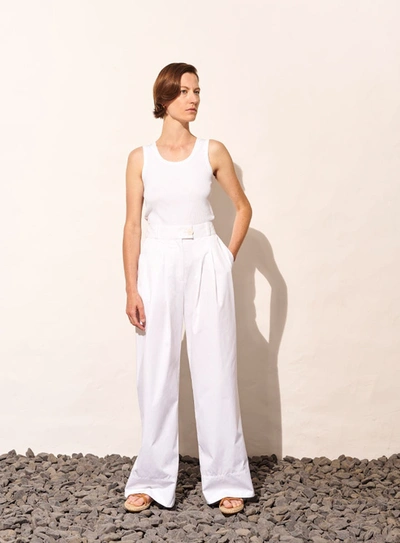 Shop A-line Wide Leg Pleated Cotton Trousers In White