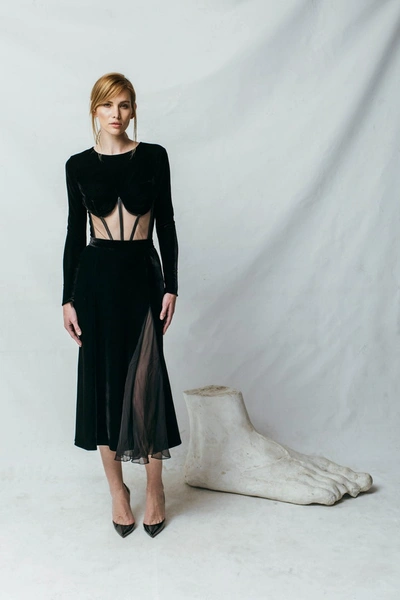 Shop Aureliana Velvet Chiffon Midi Skirt In Black