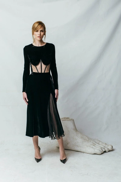 Shop Aureliana Velvet Chiffon Midi Skirt In Black
