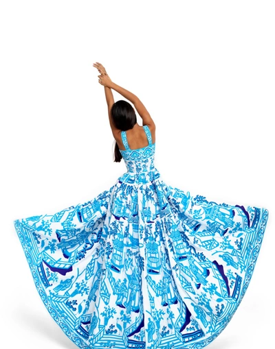 Shop Yuliya Magdych Dress Cottonchinoiserie In Blue