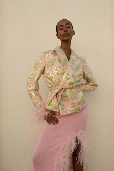 Shop Andreeva Pink Jacquard Jacket №19 With Detachable Feather Cuffs