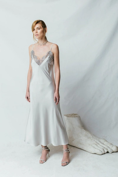 Shop Aureliana Silver Chantilly Lace Silk-satin Slip-dress