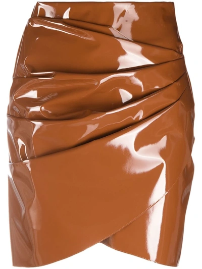 Shop Msgm Coated Gathered-side Mini Skirt In Brown
