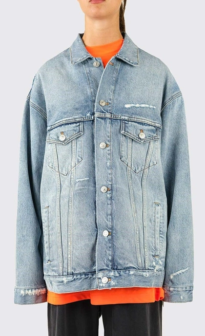 Shop Balenciaga Barcode Print Distressed Denim Jacket In Blue
