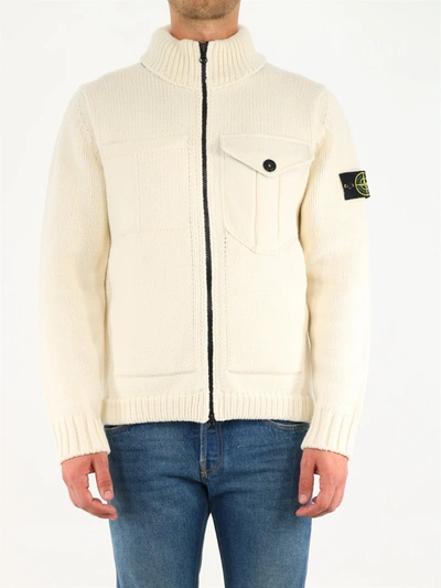 Stone Island Logo Patch Knitted Zipped Cardigan In White | ModeSens