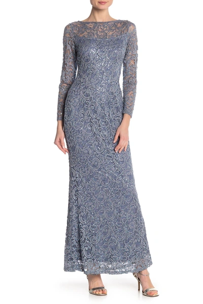 Shop Marina Sequin Lace Long Sleeve Gown In Cornfldnu