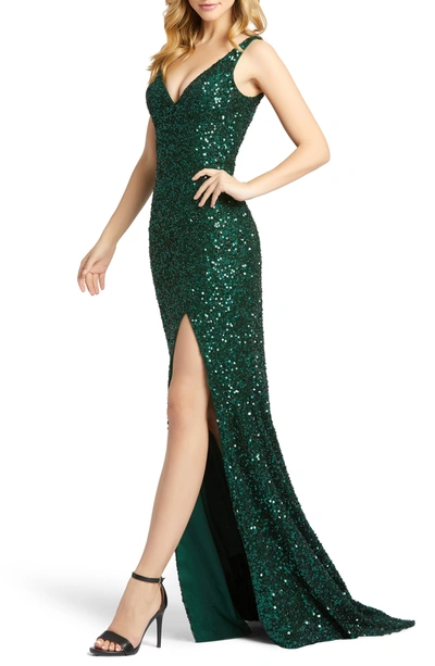 Shop Mac Duggal Sequin Slit Gown In Forest Green