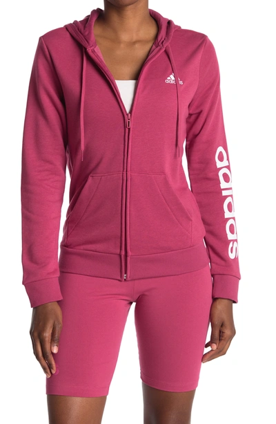 Shop Adidas Originals Logo Branded Zip Front Drawstring Hoodie In Wild Pink/white