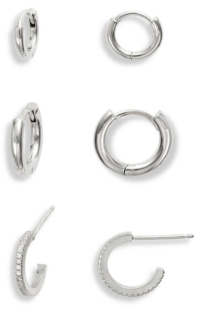 Shop Nordstrom Set Of 3 Sterling Silver Huggie Hoop Earrings In Clear- Silver